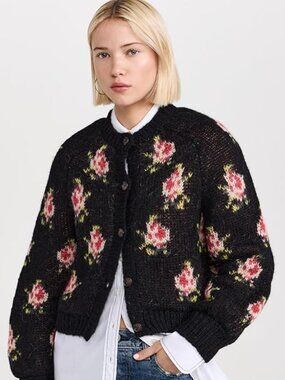 THE GREAT. Women's The Carousel Cardigan Alpaca Black Heirloom Rose Women Size S